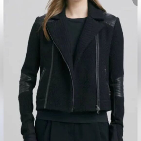 Vince For Bergorf Goodman Black Leather Trim Wool Tweed Moto Jacket Size XS - Picture 3 of 13